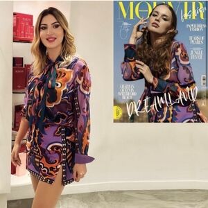 Zara Pucci Printed Sheer Tie Neck Mini Dress Women